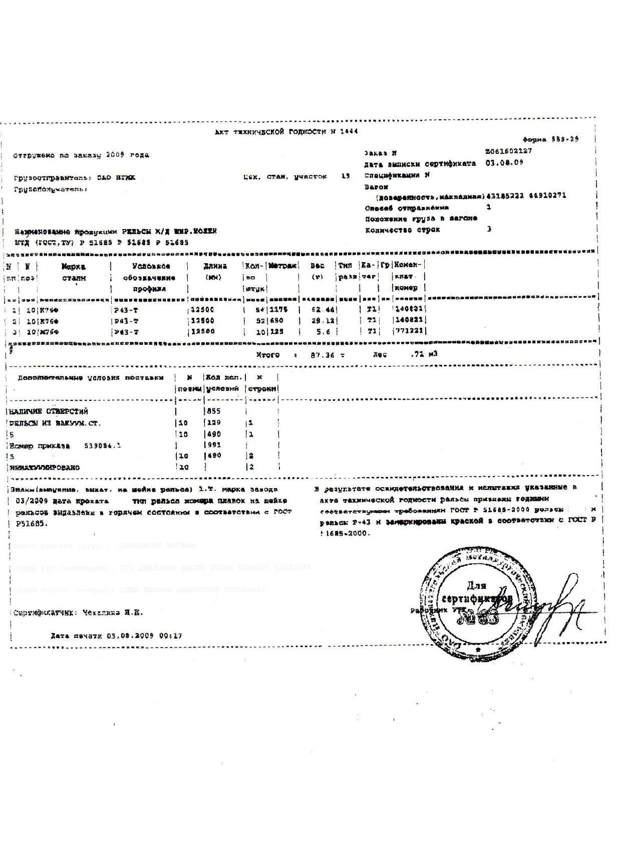Сертификат на рельсы р 43 от 03-07