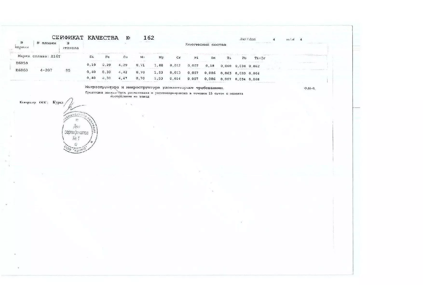 Сертификат на прутки и трубы алюминиевые Д16т и Амг5м от 16.01 (1.4)