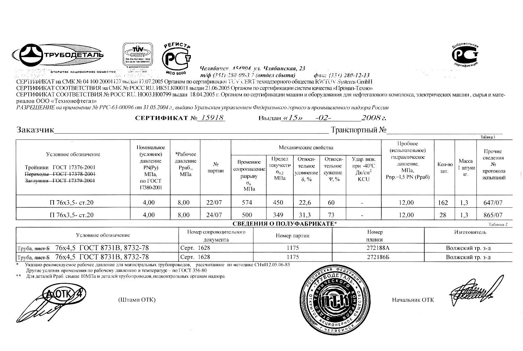 Сертификат на тройники П76х3,5 от 02-08