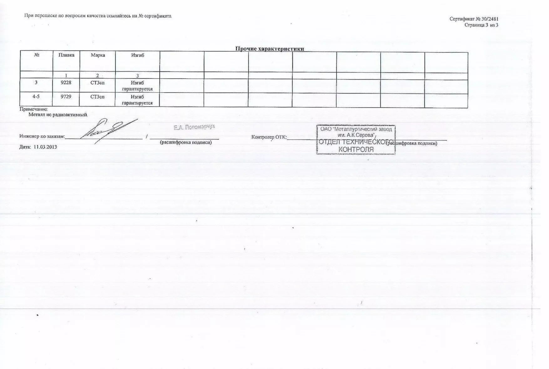 Сертификат на круг горячекатаный 230 ст.3сп от 2013-03 (1.3)
