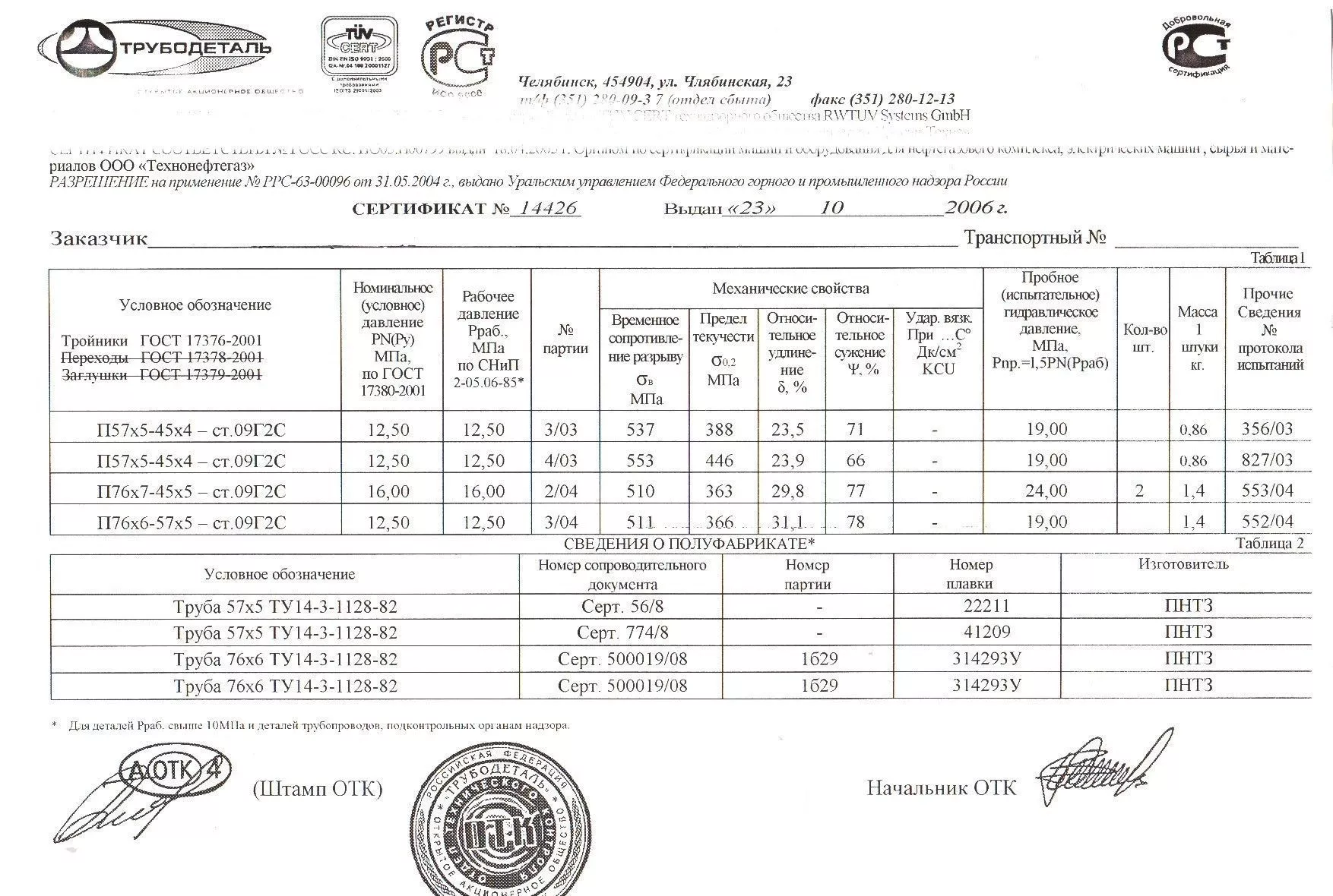 Сертификат на тройники П76х7-57х5 от 10-06