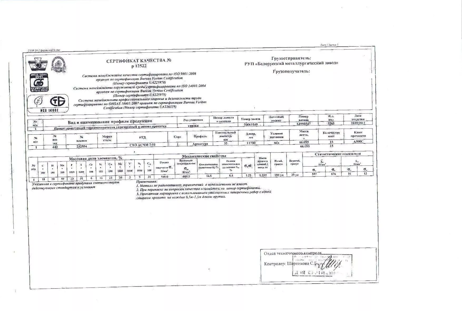 Сертификат на арматуру (класса А3) 32 (А500С) от 2011-09