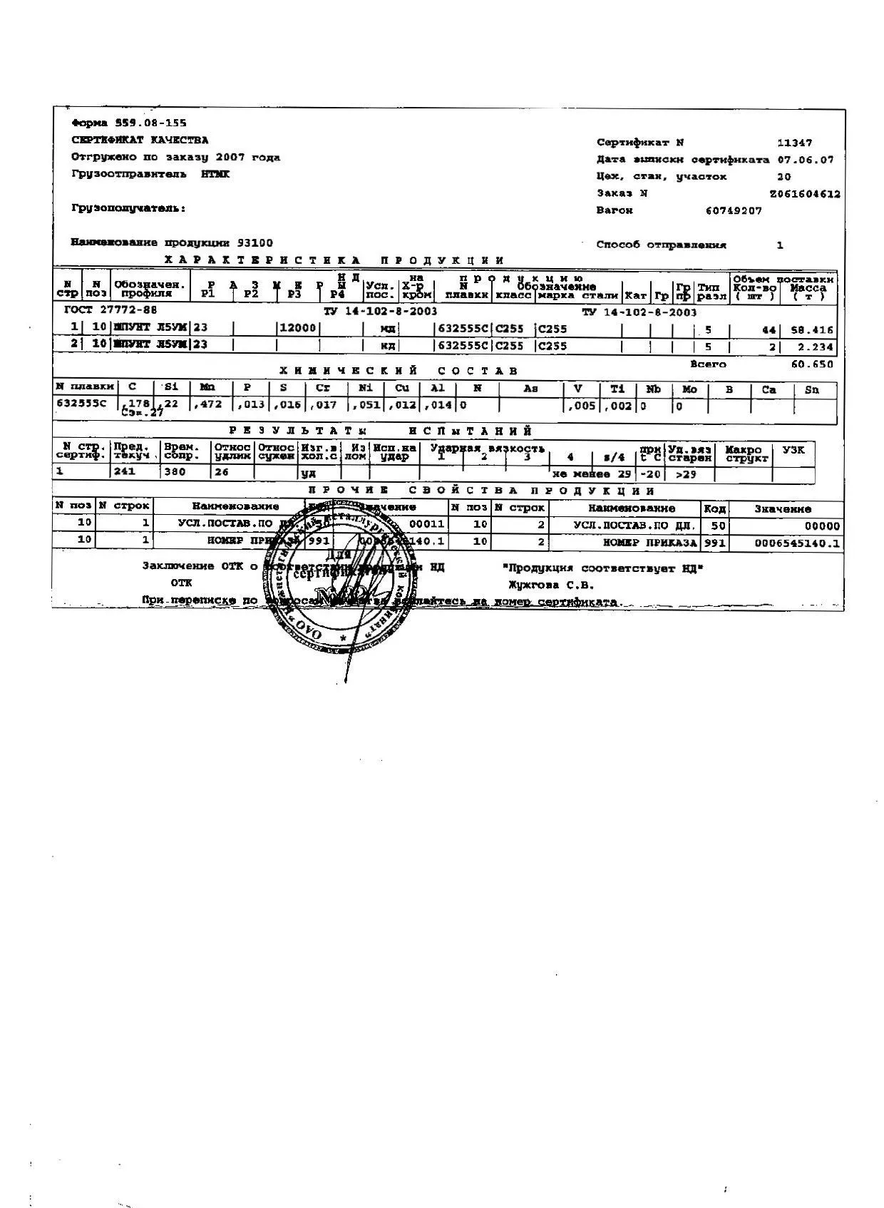 Сертификат на шпунт Л5УМ 23 (12) от 06-07