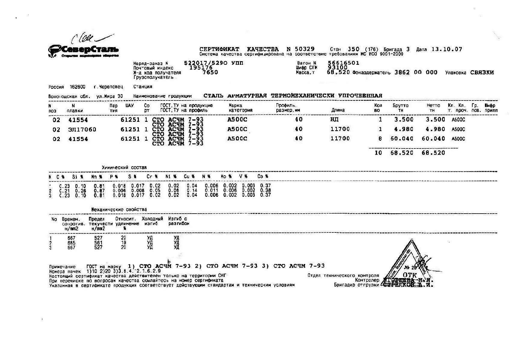 Сертификат на арматуру (класса А3) 40 (А500С) от 2007-10