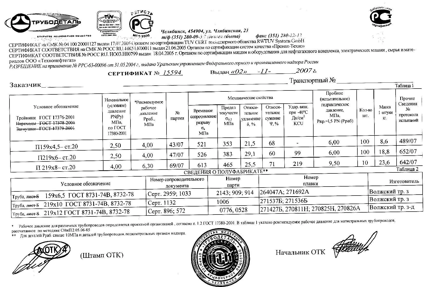 Сертификат на тройники П219х8 от 11-07