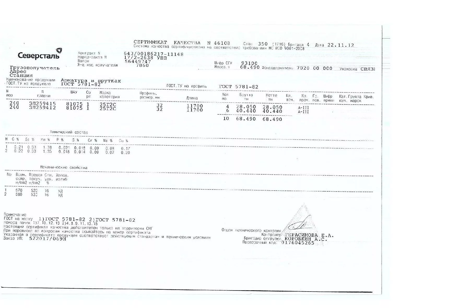 Сертификат на арматуру 32 марки 25Г2С от 2012-11