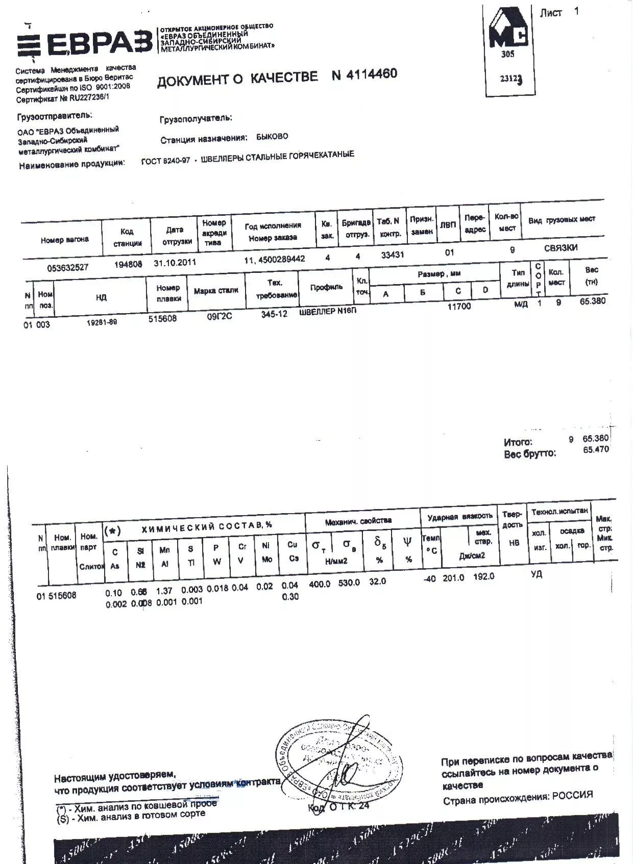 Сертификат на швеллер из стали 09Г2С 16П (1)